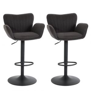 Lot de 2 tabourets de bar MENDLER HWC-M67, chaise de bar, avec accoudoirs repose-pieds pivotant tissu/textile fer gris foncé pied noir