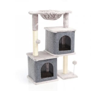 Fudajo Arbre à chat gris Sisal 81cm Poste de grattage avec 2 Niches Arbre à 2 Maisonnettes félines