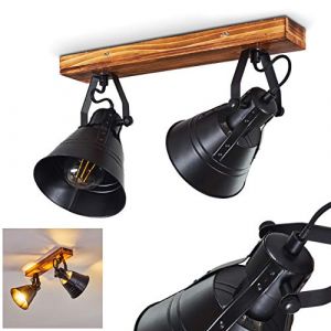 Image de Hofstein Plafonnier Berkeley en bois et métal noir, 2 spots de plafond orientables de style industriel, lampe rétro idéale dans un salon vintage, pour 2 ampoule E27 max. 60 Watt, compatible LED