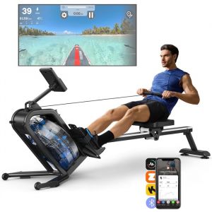 Merach - Rameur à Eau D'appartement, 6 Niveaux De Résistance, Moniteur Bluetooth, Support De Tablette, Pliable, Noir, Connecté App Zwift et Kinomap