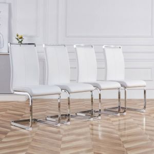 Magicfox - Lot de 4 Chaise cantilever, structure en Métal chromé, rembourrage doux avec revêtement en Cuir artificiel-Blanc