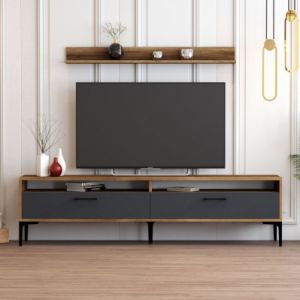Cotecosy Ensembles meuble TV et &eacute;tag&egrave;re murale Varnus Bois Naturel et Anthracite et M&eacute;tal Noir