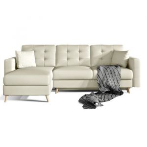 LesTendances Canap&eacute; d'angle r&eacute;versible et convertible simili cuir beige clair Anska 250 cm