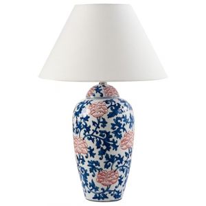 Image de Beliani Lampe de Table &Eacute;l&eacute;gante avec Abat-jour Cloche en Lin Base en Porcelaine Motif Floral Blanc et Bleu Verusa
