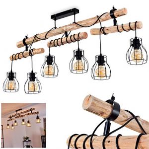 Hofstein Plafonnier Gondo en bois et métal noir, luminaire rétro-boho idéale dans un salon vintage, hauteur des lampes pendantes ajustable individuellement, max. 130 cm, pour 6 ampoules E27 max. 60 Watt