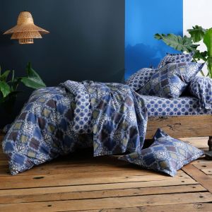 Housse de couette, motif feuilles géometriques AFRO GEO 140x200 bleu marine