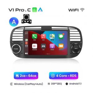 Ranipobo - Autoradio Bluetooth, Android 13 pour Fiat 500 Abarth 2007-2015 Navigation gps multim&eacute;dia autoradio Carplay rds dab 2+64G noir+Cam&eacute;ra