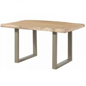 Table &agrave; manger 140x90 en bois de manguier laqu&eacute; beige pieds en u gris freeform 5 - beige