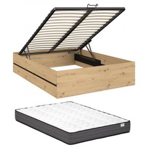 Lit coffre 140 x 190 cm - Coloris : Naturel et noir + Matelas - ludaro
