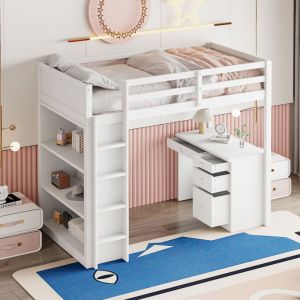 Lit mezzanine avec bureau, lit mezzanine enfant 90x200 cm avec rangements, cadre de lit en bois, blanc