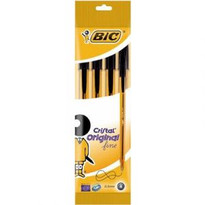 Bic Cristal Original Fine 4 Stylos-bille Noir - Corps orange translucide - Embout et capuchon &agrave; la couleur de l'encre - Niveau d'encre visible.