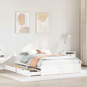 VidaXL Cadre de lit avec tiroirs blanc 140x190 cm bois de pin massif, sommier, cadre de lit double, cadre de lit en bois massif