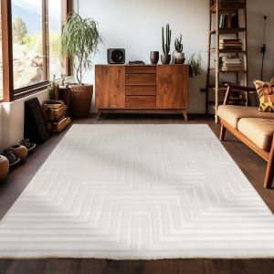 Tapis de salon, tapis moderne à poils courts uni, style bohème design scandinave, Blanc Tapis 280 x 370 cm