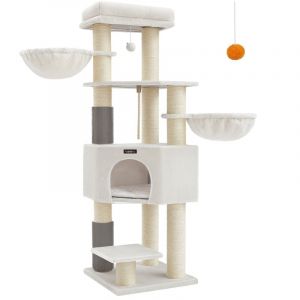 Arbre à chat grand avec tapis chaud 50 x 50 x 160 cm, blanc et beige