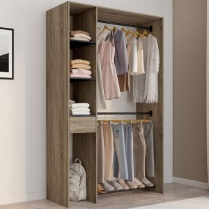 Idmarket Dressing double penderie L. 110 cm MIRTY avec étagères + tiroir + rangements à chaussures hêtre et noir