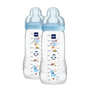 Image de Mam Easy Active - Lot de 2 biberons avec t&eacute;tine de taille 3 (d&eacute;bit rapide), pour b&eacute;b&eacute; de 4 mois et plus, 330 ml, bleu clair