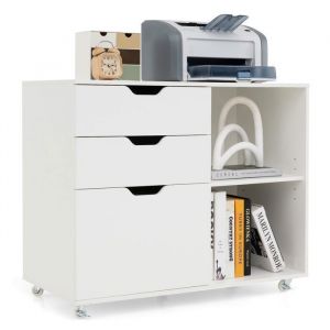GOPLUS Caisson Mobile à 3 Tiroirs pour Dossier Lettre/A4-Etagère Ouverte Réglable-81x40x66,5CM-Support d'Imprimante Roulant Blanc