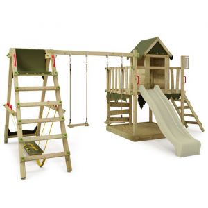 Fatmoose Tour de jeux Portique d'escalade JazzyJungle avec SurfSwing & Toboggan, cabane de jeu avec bac à sable, Échelle & accessoires de jeu – vert sauge