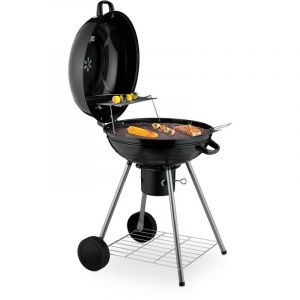 Relaxdays Barbecue Rond, Ø 53 cm, 2 grilles, thermomètre, cendrier, Gril à Charbon Mobile, BBQ sur Roues, Smoker, Noir