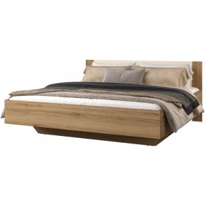 Meublorama - Lit coffre vertigo – 180x200 cm – Chêne sauvage et beige sable – Avec pied design et sommier inclus