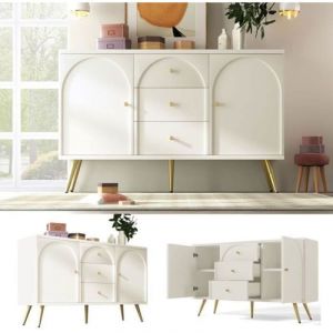 Oem Buffet - Buffet haut - 2 portes - 3 tiroirs - Blanc - H84 cm
