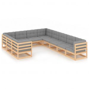 VidaXL Salon de jardin 10 pcs avec coussins Bois de pin massif