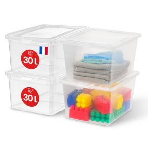 Iris Ohyama, Boite de Rangement Plastique Multi-Usages, 30L, Lot de 4, Transparent, Fermeture Facile, Empilable, pour Chambre,...