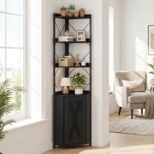 Biblioth&egrave;que d'Angle 180CM COSTWAY, Rangement &agrave; 5 &Eacute;tag&egrave;res, Garde-Corps Anti-Chute, Kits Anti-Basculement, pour Salon Cuisine, Noir