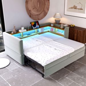 Canap&eacute;-lit convertible 90/180&times;190 cm, lit enfant rembourr&eacute; LED, avec rangement ouvert et prises, sans matelas, MDF, gris