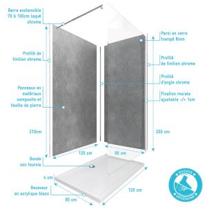 Image de Aurlane Ensemble complet douche à l'Italiennne avec Receveur 120x90 + Paroi transparent + Panneaux muraux