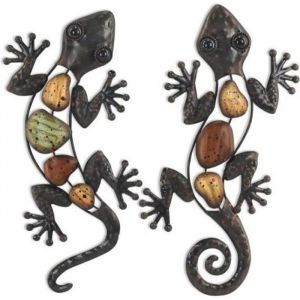 GECKO SALAMANDRE set de 2 neuf en M&Eacute;TAL brun D&Eacute;CO 37cm Porte Bonheur &agrave; suspendre