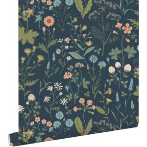 Estahome - papier peint fleurs des champs bleu foncé, vert et rose