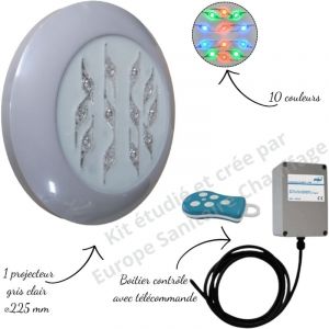 Weltico Projecteur couleur Easyled Evo gris clair + télécommande avec boitier pour piscine Béton, Panneau, Liner,Coque