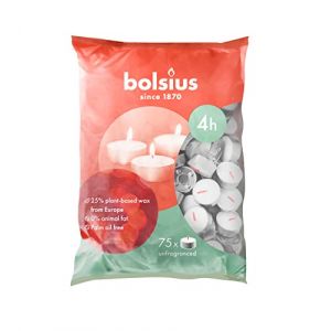 Bolsius D-Light Lot de 75 bougies chauffe-plat emball&eacute;es dans un sachet - Dur&eacute;e de combustion de 4 heures - En cire v&eacute;g&eacute;tale naturelle et sans huile de palme -Bougies d&rsquo;int&eacute;rieur d&eacute;coratives - Blanc