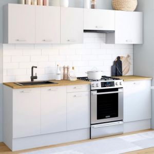 Image de Idmarket Cuisine compl&egrave;te 240 cm SUBTIL avec plan de travail 7 &eacute;l&eacute;ments blanc et plateaux bois