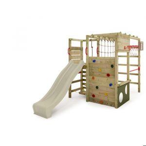 Fatmoose Portique d'escalade Tour de jeux ActionArena avec toboggan, aire de jeux de jardin avec échelle et accessoires de jeu – vert sauge