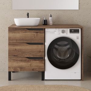 Meuble lave linge 124cm avec plateau et vasque arrondie - sans miroir - 3 tiroirs - tabacco (chêne foncé) - SANTA