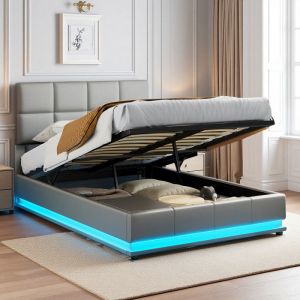 Lit 140x190 cm - LED r&eacute;glable - Contemporain - hydraulique - PU - cadre de lit double 140x190 cm - Gris