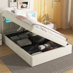 Modernluxe - Lit coffre rembourré 90x200 cm - avec éclairage led - velours - beige