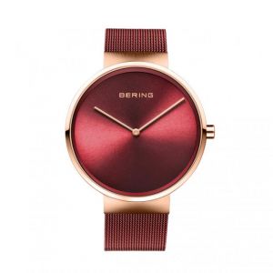 Bering Montre 14539-363 - Boîtier acier doré rose brillant cadran rouge bracelet acier milanais rouge Homme