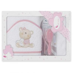 Interbaby Cape du Bain 400 GSM Coton Terry + Brosse/Peigne Mod&egrave;le Love You Blanc/Rose 100 x 100 cm