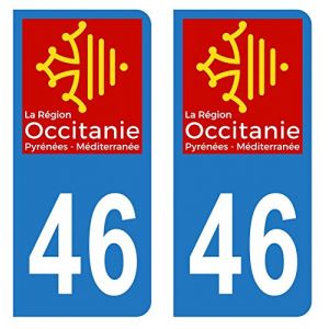 Lot 2 Autocollants Stickers plaque immatriculation voiture auto d&eacute;partement 46 Lot Logo R&eacute;gion Occitanie