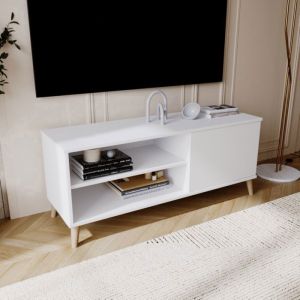 Meuble TV - VIVA - Blanc - Meuble de salon - Style Scandinave - L 110 cm x P 35 cm x H 51 cm - BLANC