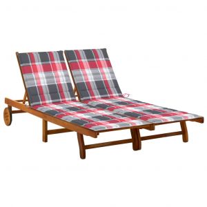 VidaXL Chaise longue de jardin 2 places avec coussins Acacia solide Motif carreaux rouges