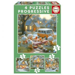Educa Set de 4 Puzzles progressifs pour Enfants de 12 à 25 pièces. Ville des Lapins. Dimensions : 16 x 16 cm. Recommandé à partir de 3 Ans (20217)
