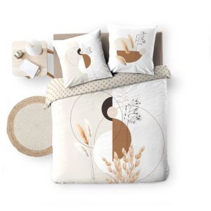 Housse couette + 2 taies 220 x 240 cm graphique v&eacute;g&eacute;tal