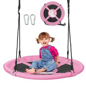 Balançoire Coast Dish Ø 102 cm pour enfants avec motif de lion - Balançoire en tissu Oxford rose avec cordes réglables (118-173 cm)