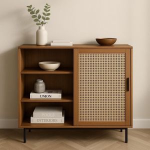 Urban Meuble - Vitrine effet bois 2 portes coulissantes en rotin 100x90x37cm