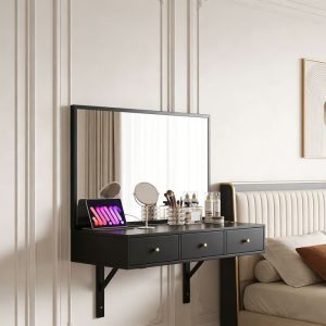 POCKETPOP Coiffeuse avec miroir, murale, 3 tiroirs et prises &eacute;lectriques, porte-gobelet, 100&times;105&times;45 cm, noir