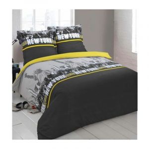 Vision Parure de couette New York - 100% coton - 1 housse de couette 220 x 240 cm + 2 taies d'oreiller 65 x 65 cm - Gris et jaune